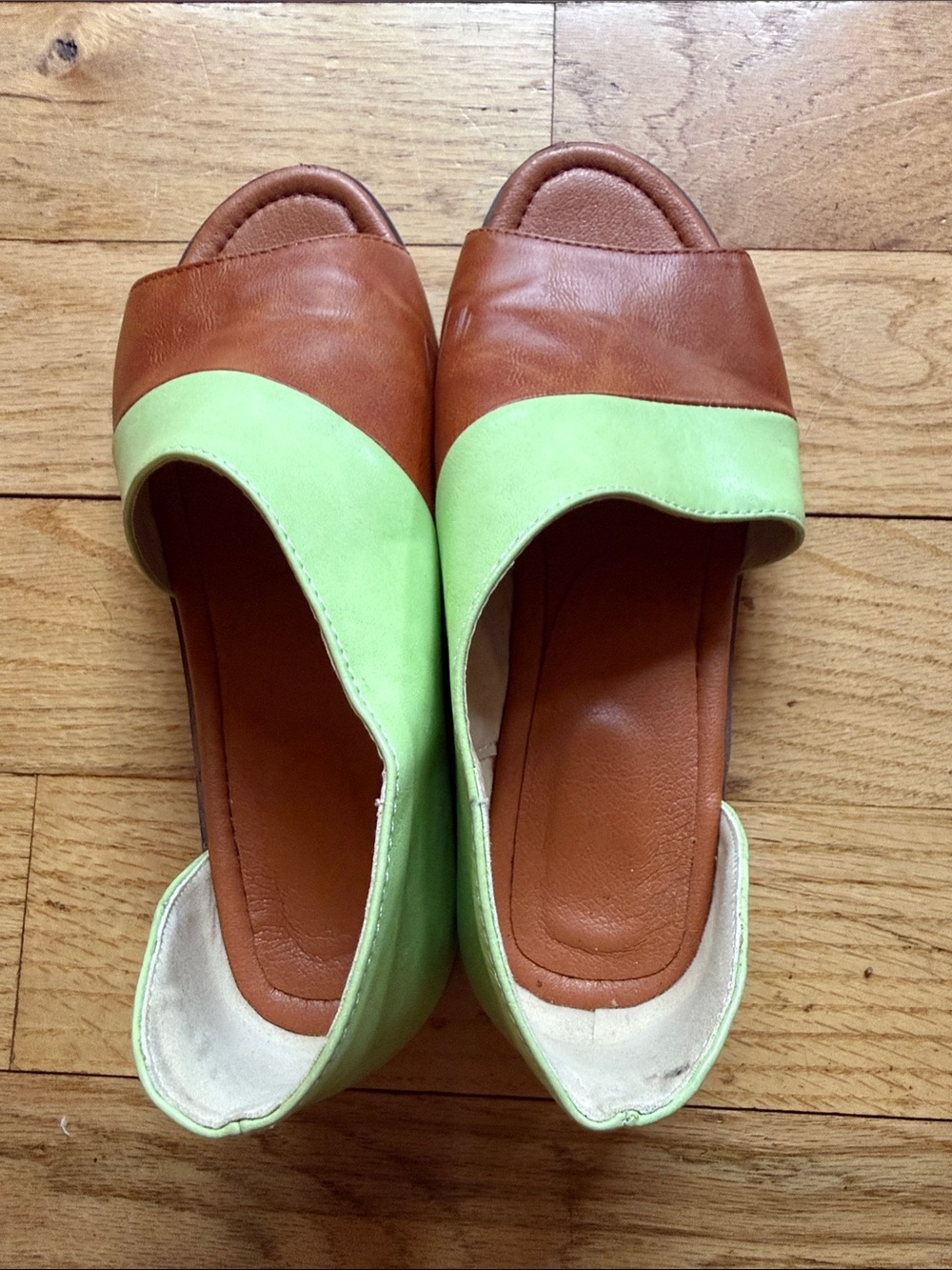 Women’s Two-Tone Brown and Light Green Slide Sandals